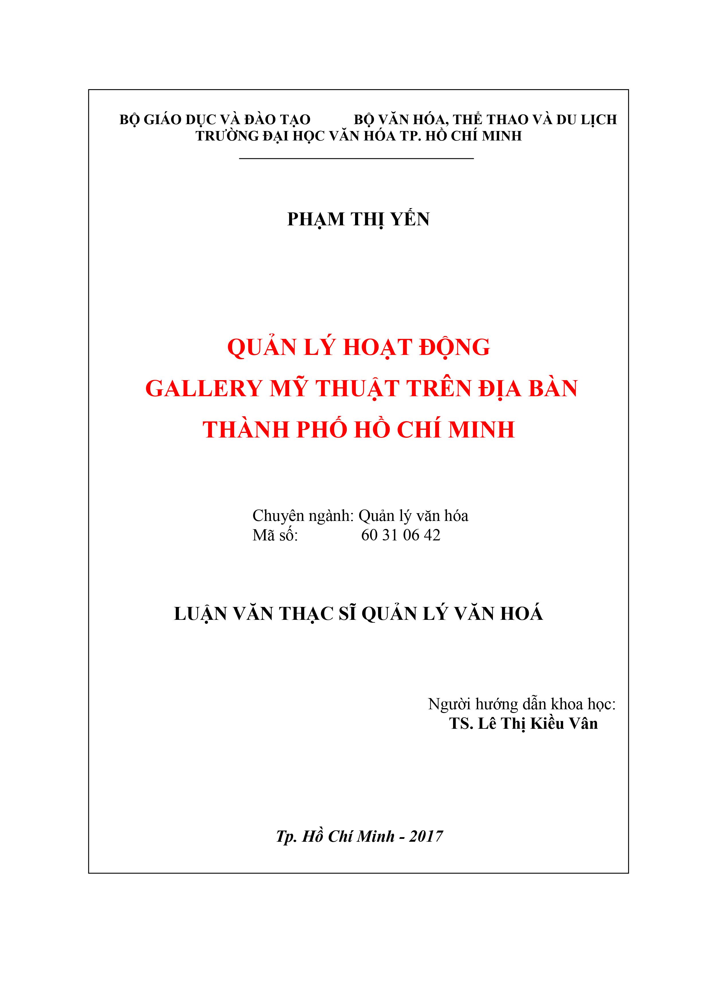 Quản lý hoạt động Gallery mỹ thuật trên địa bàn Thành phố Hồ Chí Minh