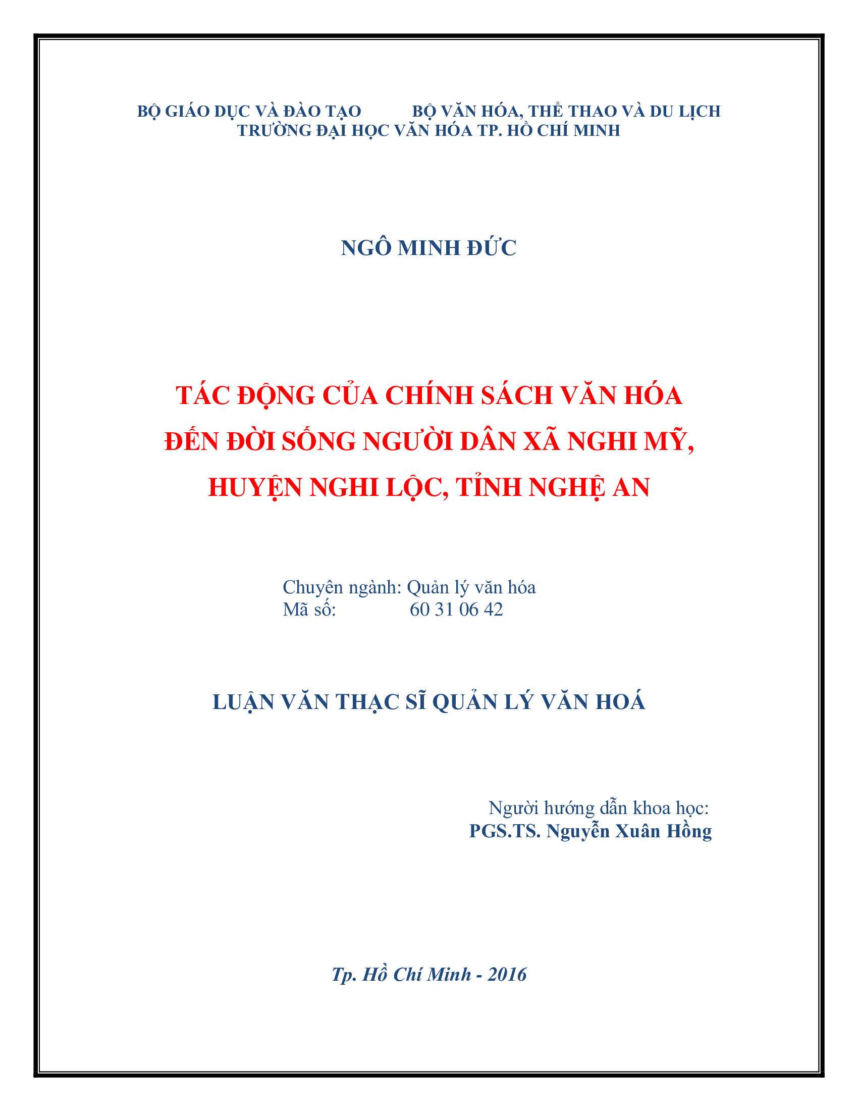 Tác động của chính sách văn hóa đến đời sống người dân Xã Nghi Mỹ, Huyện Nghi Lộc, Tỉnh Nghệ An