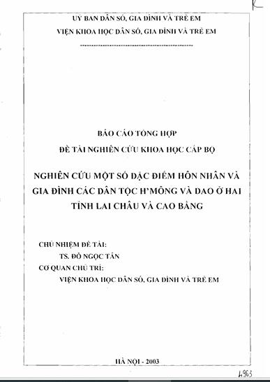 Nghiên cứu một số đặc điểm hôn nhân và gia đình các dân tộc H'Mông và Dao ở 2 tỉnh Lai Châu và Cao Bằng