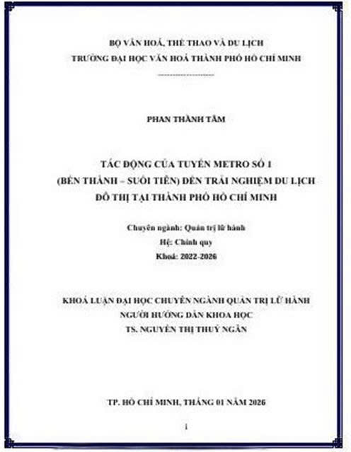 Tác động của tuyến Metro Số 1 (Bến Thành – Suối Tiên) đến trải nghiệm du lịch đô thị tại Thành phố Hồ Chí Minh